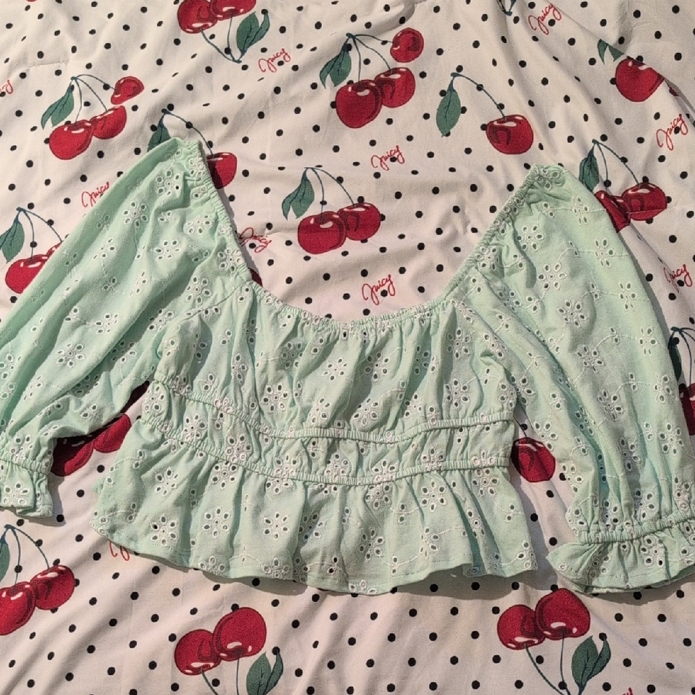 ASOS Green Ruffled Puff Sleeve Crop Blouse
